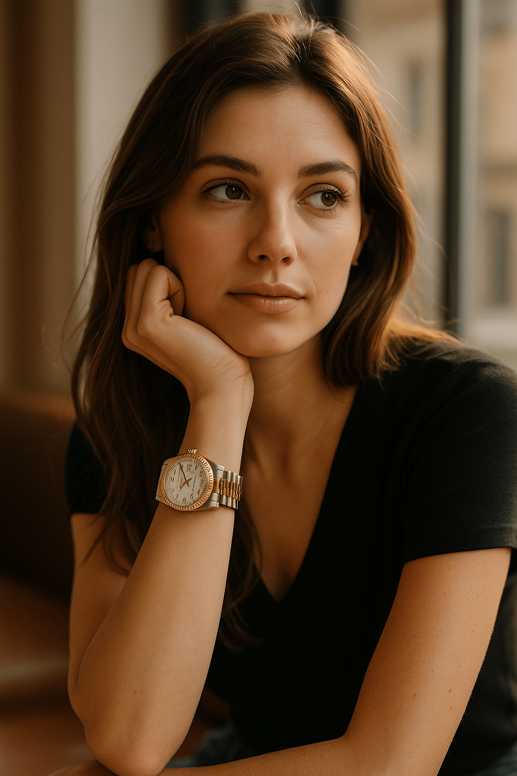 Elegante Trägerin mit Rolex bei natürlichem Tageslicht