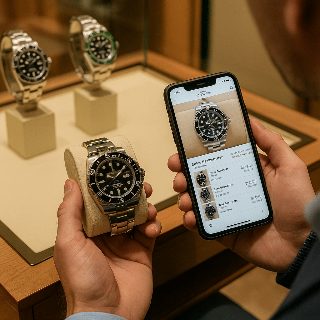 Sammler vergleicht eine Rolex in der Boutique mit Live-Listings am Smartphone
