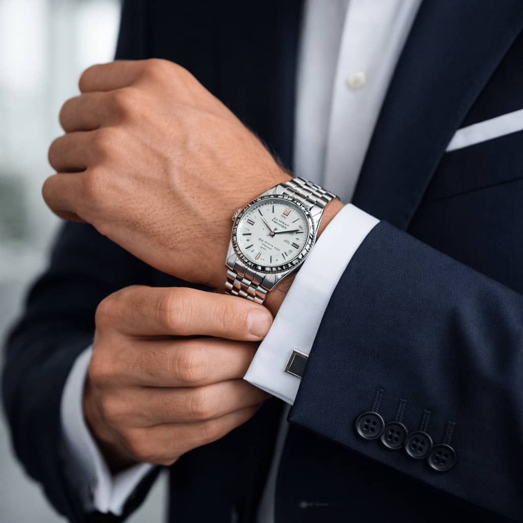 Details eines klassischen Business-Outfits mit Armbanduhr Details eines klassischen Business-Outfits mit Armbanduhr