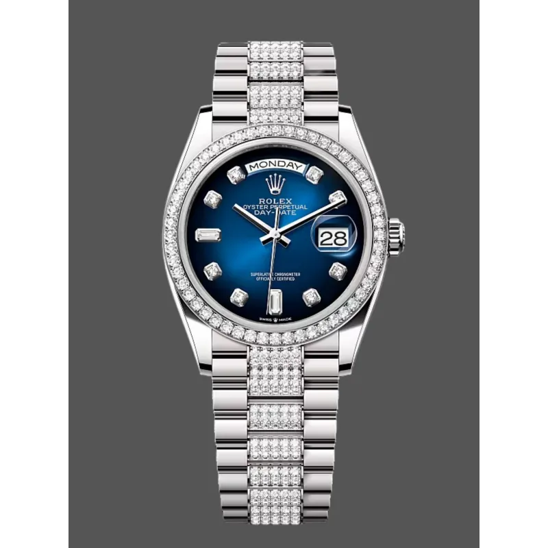 Rolex Day-Date 36 Unisex 128349RBR Replica - Blaues Zifferblatt Diamantluenette