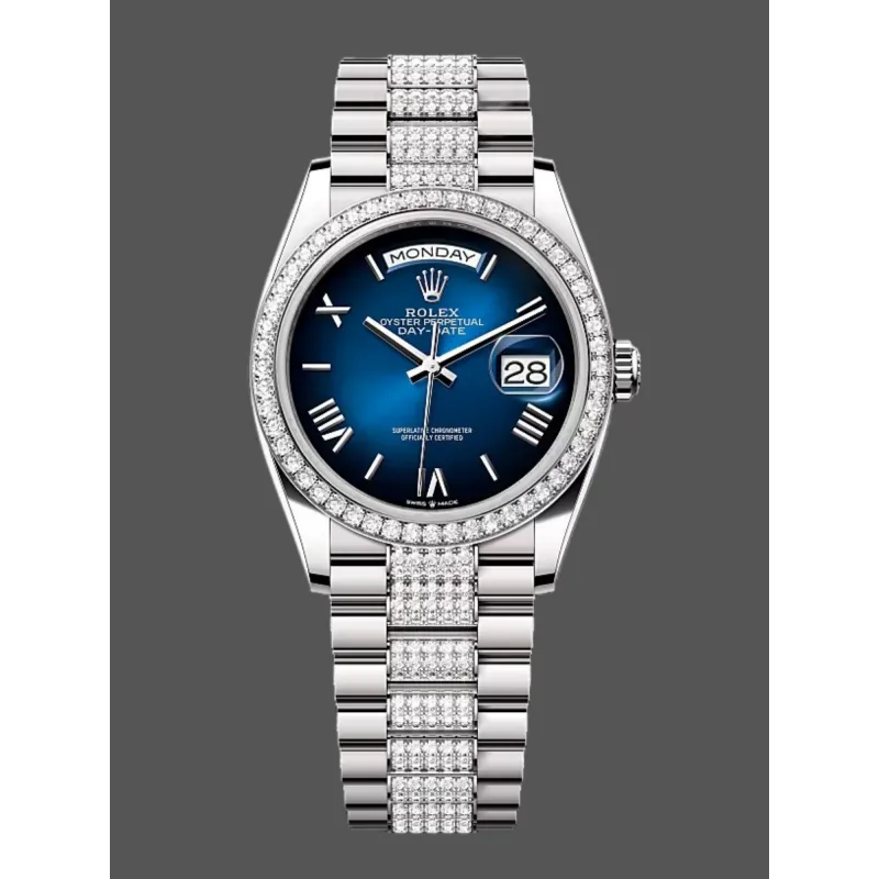Rolex Day-Date 36 Unisex 128349RBR Replica - Blaues Zifferblatt Diamantluenette