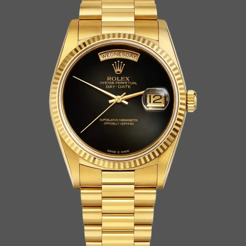 Rolex Day-Date 36 Unisex 18038 Replica - Schwarzes Zifferblatt Geriffelte Luenette