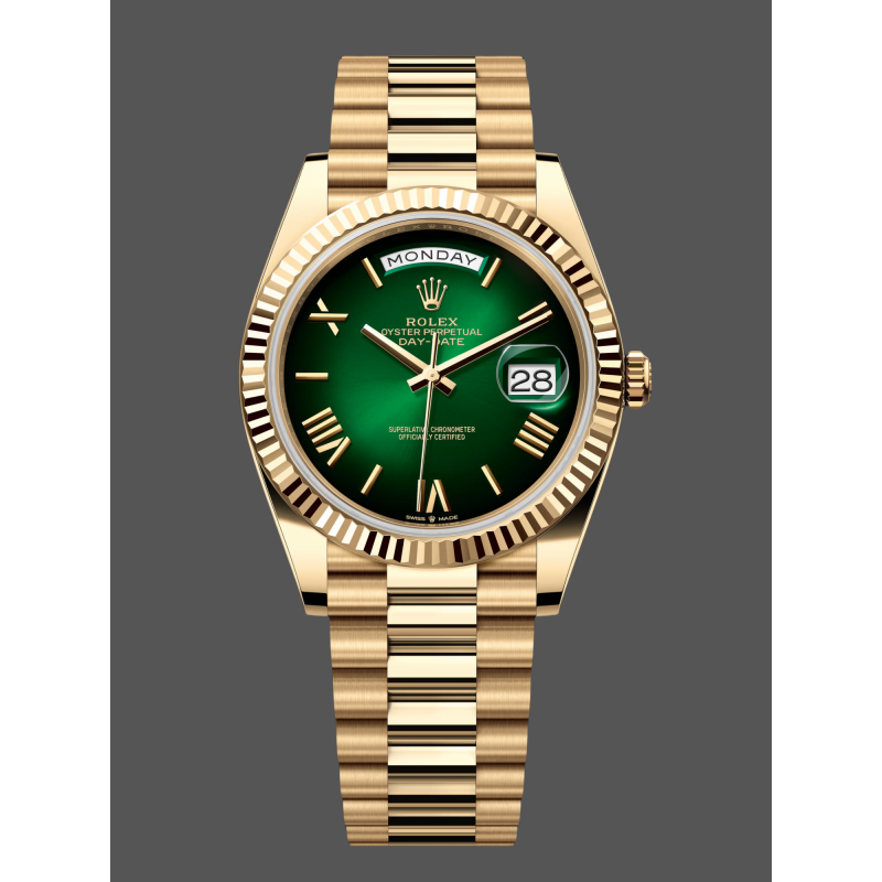 Rolex Day-Date 40 228238 Replica - Gruenes Zifferblatt Geriffelte Luenette