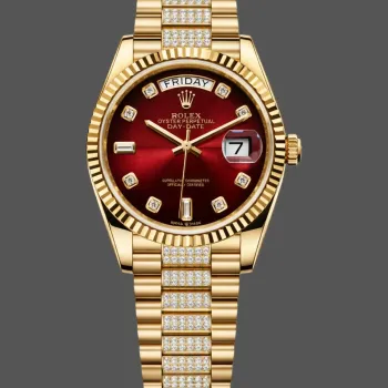 Rolex Day-Date 36 Unisex 128238 Replica - Rotes Zifferblatt Geriffelte Luenette