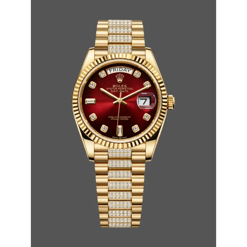 Rolex Day-Date 36 Unisex 128238 Replica - Rotes Zifferblatt Geriffelte Luenette