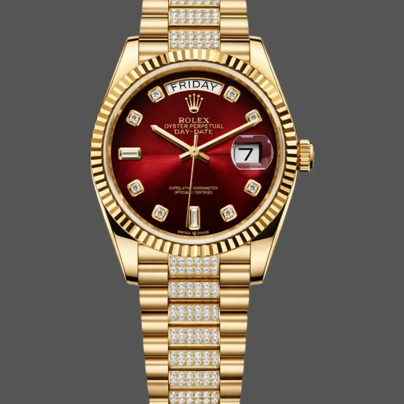 Rolex Day-Date 36 Unisex 128238 Replica - Rotes Zifferblatt Geriffelte Luenette
