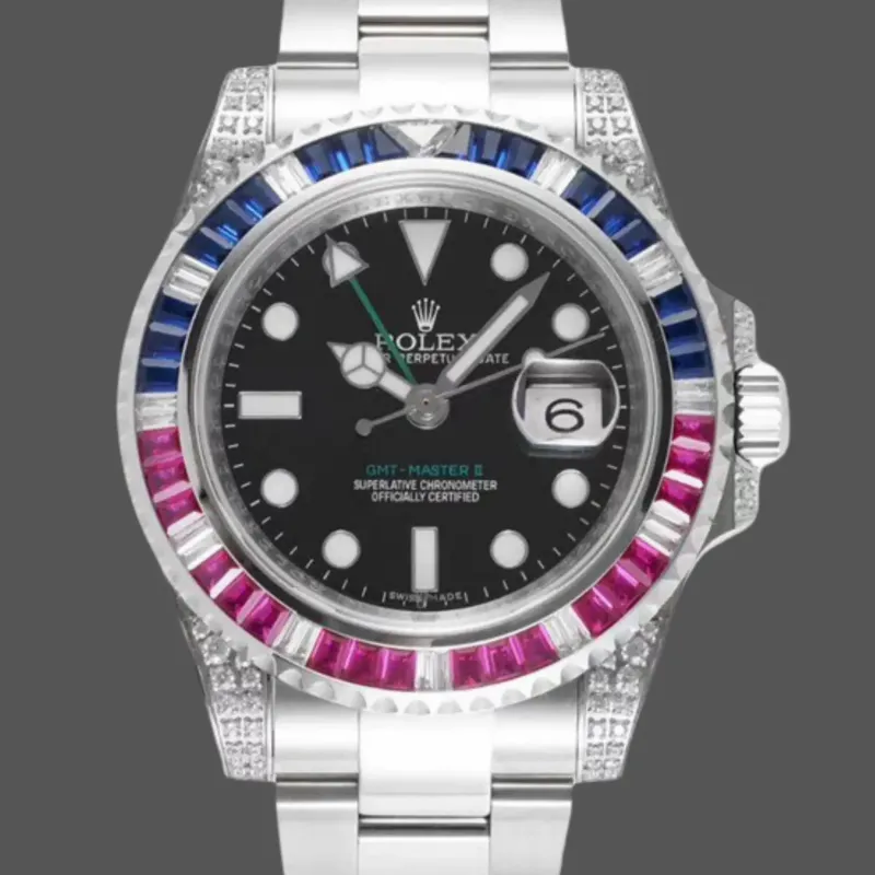 Rolex GMT-Master II Pepsi 126710BLRO Replica - Schwarzes Zifferblatt Diamantluenette
