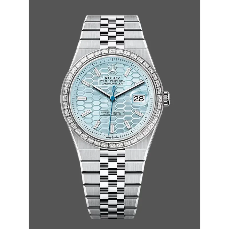 Rolex Land Dweller 127386 Replica - Eisblaues Zifferblatt Diamantluenette