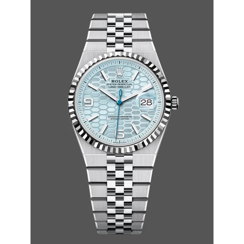Rolex Land Dweller Unisex 127236 Replica - Eisblaues Zifferblatt Geriffelte Luenette