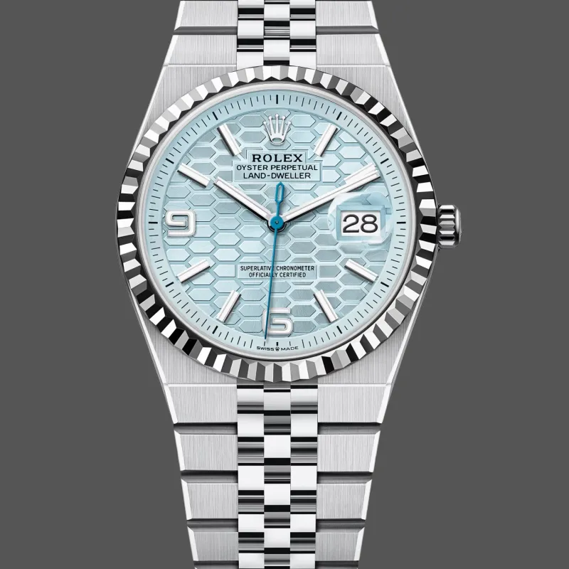 Rolex Land Dweller Unisex 127236 Replica - Eisblaues Zifferblatt Geriffelte Luenette