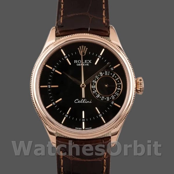 Replica Rolex Cellini Date 50515 Brown Leather Black Index Dial 39mm Herren Replica Uhr, Exakte Nachbildung, Authentisches Aussehen