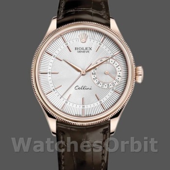 Replica Rolex Cellini Date Rose Gold Silver Crocodile Leather Strap 50515 39mm Herren Replica Uhr