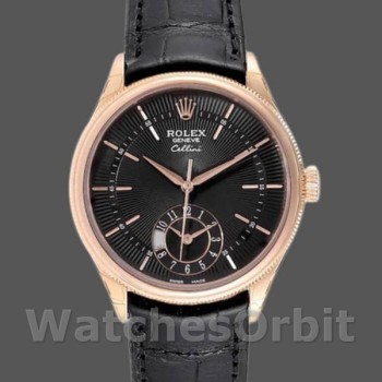 Replica Rolex Cellini Dual Time 50525 Black Dial Black Leather Strap 39mm Herren Replica Uhr