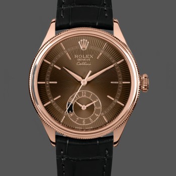 Replica Rolex Cellini Dual Time 50525 Brown Guilloche Dial Black Leather Strap 39mm Herren Replica Uhr
