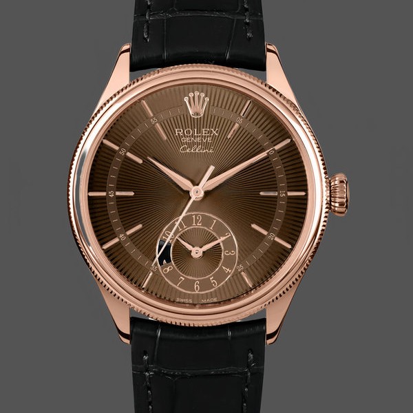 Replica Rolex Cellini Dual Time 50525 Brown Guilloche Dial Black Leather Strap 39mm Herren Replica Uhr Sportliches Design