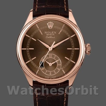 Replica Rolex Cellini Dual Time 50525 Brown Guilloche Dial Brown Leather Strap 39mm Herren Replica Uhr