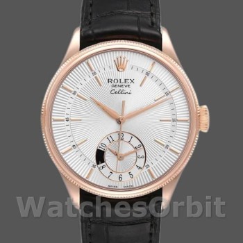 Replica Rolex Cellini Dual Time 50525 Silver Dial Black Leather Strap 39mm Herren Replica Uhr