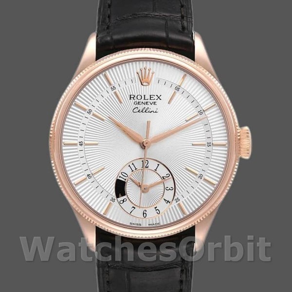 Replica Rolex Cellini Dual Time 50525 Silver Dial Black Leather Strap 39mm Herren Replica Uhr Hochwertige Herren Replica Uhr online kaufen