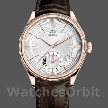 Replica Rolex Cellini Dual Time 50525 Silver Dial Brown Leather Strap 39mm Herren Replica Uhr