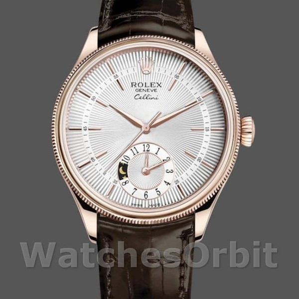 Replica Rolex Cellini Dual Time 50525 Silver Dial Brown Leather Strap 39mm Herren Replica Uhr Elegantes Design