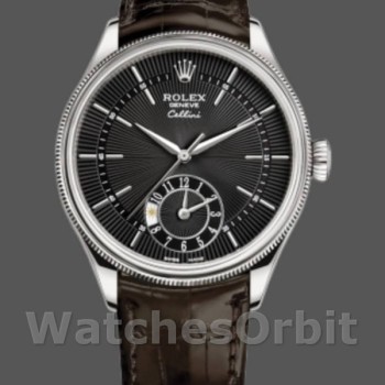 Replica Rolex Cellini Dual Time 50529 Black Dial Brown Leather Strap 39mm Herren Replica Uhr