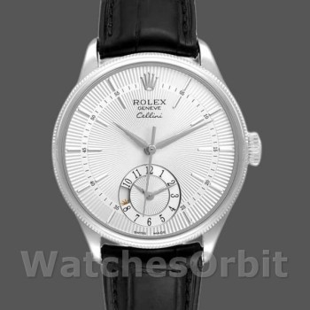 Replica Rolex Cellini Dual Time 50529 Silver Sunburst Dial Black Leather Strap 39mm Herren Replica Uhr