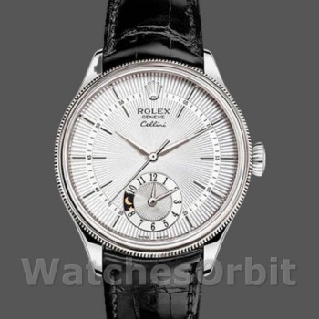 Replica Rolex Cellini Dual Time 50529 Silver Sunburst Dial Brown Leather Strap 39mm Herren Replica Uhr
