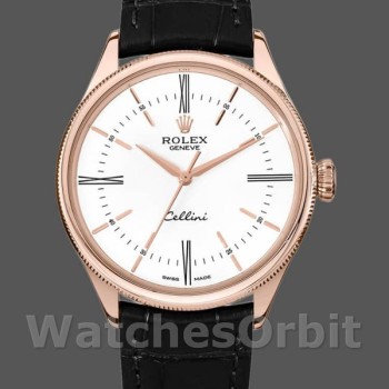 Replica Rolex Cellini Time 50505 Black Leather Strap White Dial 39mm Herren Replica Uhr