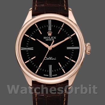 Replica Rolex Cellini Time 50505 Brown Leather Strap Black Dial 39mm Herren Replica Uhr