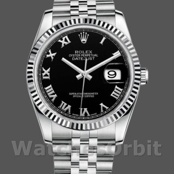 Replica Rolex Datejust 116234 Stainless Steel Fluted Bezel Black Roman Dial 36mm Herren Replica Uhr