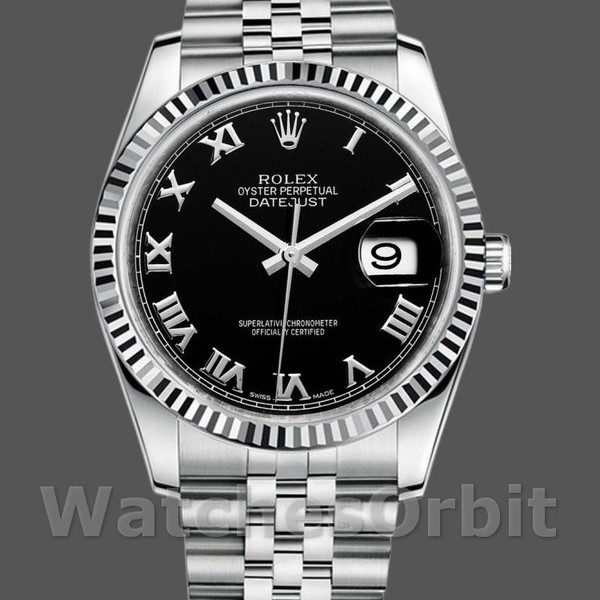 Replica Rolex Datejust 116234 Stainless Steel Fluted Bezel Black Roman Dial 36mm Herren Replica Uhr, Replik, Schweizer Handwerkskunst