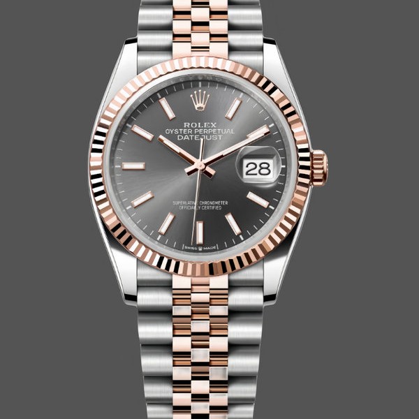 Replica Rolex DateJust 126231 Two-Tone SS Rose Gold Grey Rhodium Dial Elegantes Design