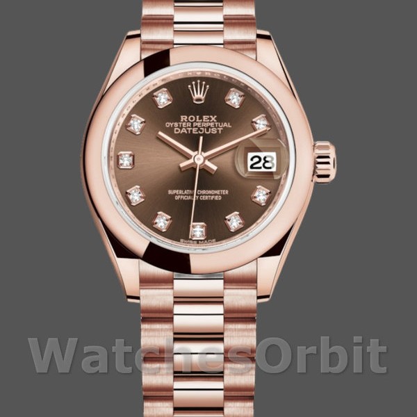 Replica Rolex Datejust 279165 Chocolate Brown Dial Diamond Domed Bezel 28mm Lady Replica Uhr Feminine Ausstrahlung