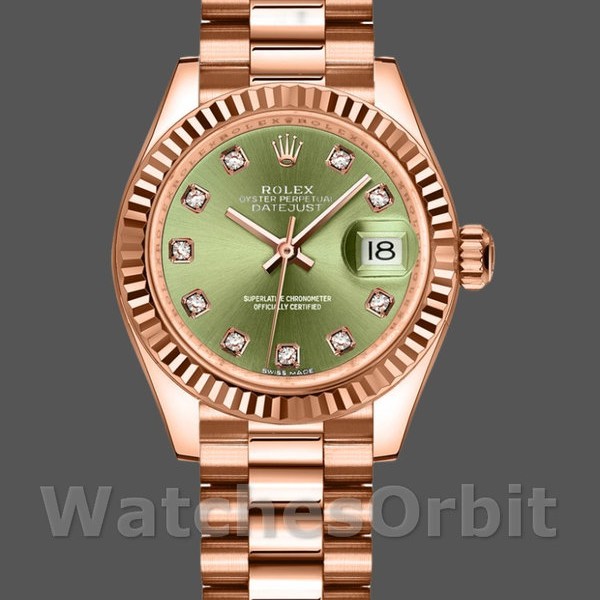 Replica Rolex Datejust 279175 Olive Green Diamonds Dial Fluted Bezel 28mm Lady Replica Uhr Elegante Materialien