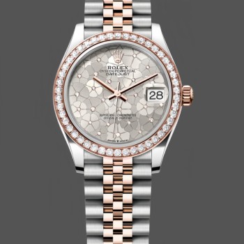 Replica Rolex Datejust 31 Rose Gold Silver Floral Motif Diamond Dial Diamond Bezel m278381rbr 0032