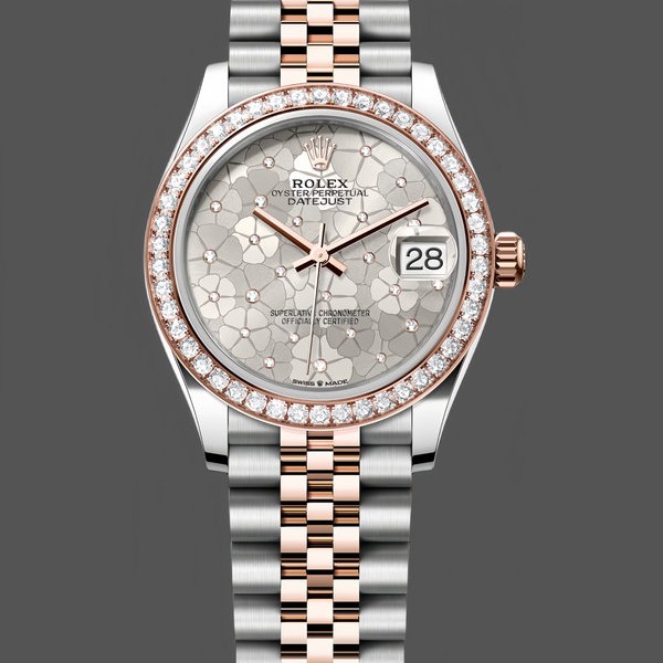 Replica Rolex Datejust 31 Rose Gold Silver Floral Motif Diamond Dial Diamond Bezel m278381rbr 0032 Feminine Ausstrahlung