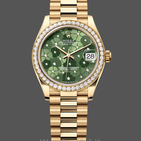 Replica Rolex Datejust 31 Gelbgold Olive Green Floral Motif Diamond Bezel M278288RBR 0038 Luxuriöser Stil