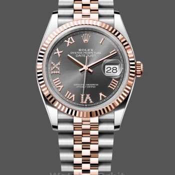 Replica Rolex Datejust 36 Everose Gold Slate Diamond Pave Roman Dial m126231 0023 Damen Uhr