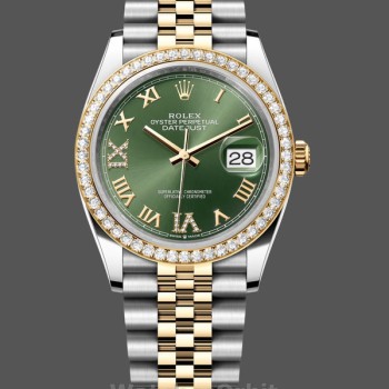 Replica Rolex Datejust 36 Gelbgold & Diamanten Olivgrünes Diamant-Pave-Römisches Zifferblatt m126283rbr 0011