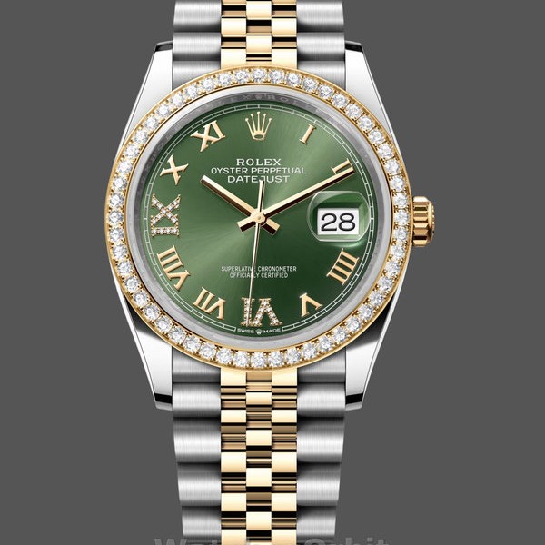 Replica Rolex Datejust 36 Gelbgold & Diamanten Olivgrünes Diamant-Pave-Römisches Zifferblatt m126283rbr 0011 Luxuriöse Optik