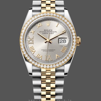 Replica Rolex Datejust 36 Gelbgold & Diamanten Silber Diamant Pave Römisches Zifferblatt m126283rbr 0017