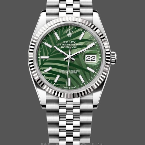 Replica Rolex Datejust 36mm Fluted Lünette Grün Palm Index Zifferblatt Jubiläum 126234 0047 Ideal für Damen