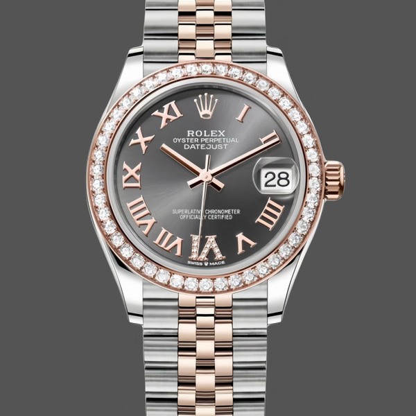 Replica Rolex Datejust Lady 31 Rose Gold Steel Slate Roman Diamond VI Dial & Diamond Bezel Jubilee Bracelet 278381RBR Modebewusste Damen