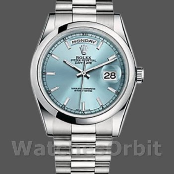 Replica Rolex Day-Date 118206 Ice Blue Dial Polished Platinum Bezel 36mm Unisex Replica Uhr