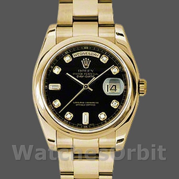 Replica Rolex Day-Date 118208 Black Diamond Dial Yellow Gold 36mm Unisex Replica Uhr, Replika Uhren, Hochwertige Nachbildung