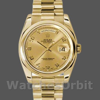 Replica Rolex Day-Date 118208 Champagner Zifferblatt Arabische Zahlen Stundenmarkierungen Gelbgold 36mm Unisex Replica Uhr