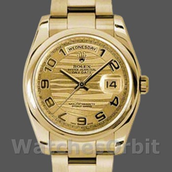 Replica Rolex Day-Date 118208 Gelbgold Arabische Ziffern Wellen Champagner Zifferblatt 36mm Unisex Replica Uhr