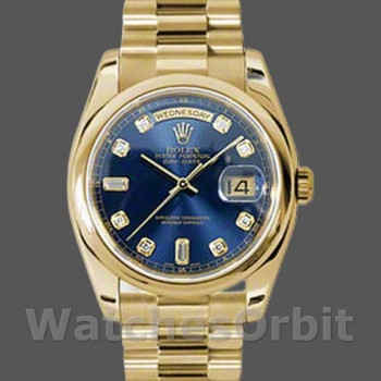 Replica Rolex Day-Date 118208 Gelbgold Blaues Diamant Zifferblatt 36mm Unisex Replica Uhr