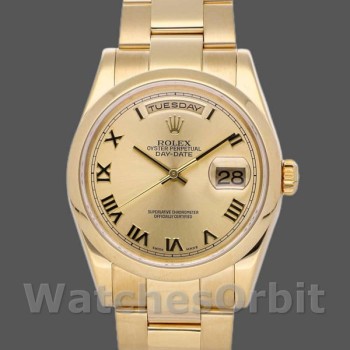 Replica Rolex Day-Date 118208 Gelbgold Champagner Zifferblatt Römische Ziffern 36mm Unisex Replica Uhr