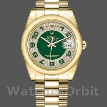 Replica Rolex Day-Date 118208 Gelbgold Grünes Diamant-Pflaster Arabisches Zifferblatt 36mm Unisex Replica Uhr